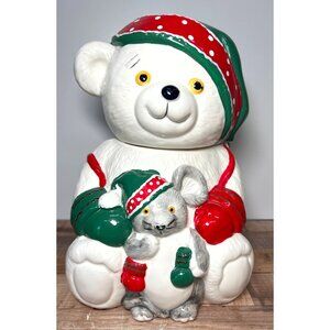 Vintage Christmas Bear Cookie Jar Ceramic Holiday Kitchen Decor